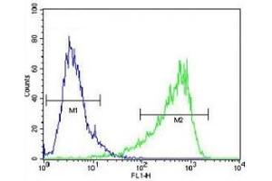 HIF1A antibody flow cytometric analysis of NIH3T3 cells (right histogram) compared to a negative control cell (left histogram).