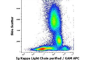 Flow cytometry surface staining pattern of human peripheral whole blood stained using anti-human Ig Kappa Light Chain (MEM-09) purified antibody (concentration in sample 3 μg/mL) GAM APC.