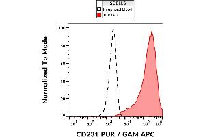 Flow cytometry analysis (surface staining) of CD231 in JURKAT cells with anti-CD231 (B2D) purified, GAM-APC.