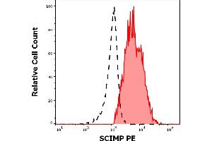 Separation of human HLA-DR/DP positive SCIMP positive lymphocytes (red-filled) from HLA-DR/DP negative SCIMP negative lymphocytes (black-dashed) in flow cytometry analysis (intracellular staining) of human peripheral whole blood stained using anti-SCIMP (NVL-07) PE antibody (10 μL reagent / 100 μL of peripheral whole blood). (SCIMP 抗体  (PE))
