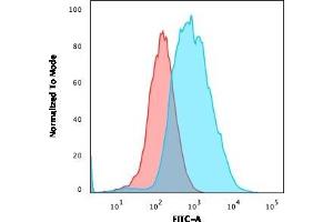 Flow Cytometric Analysis of PFA-fixed MCF-7 cells using EpCAM-Monospecific Mouse Monoclonal Antibody (EGP40/1372) followed by goat anti-Mouse IgG-CF488 (Blue); Isotype Control (Red). (EpCAM 抗体  (Extracellular Domain))
