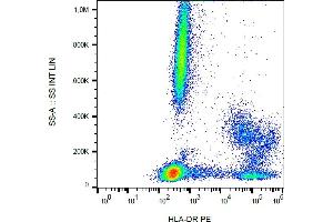 Flow cytometry analysis (surface staining) of human peripheral blood cells with anti-human HLA-DR (MEM-12) PE. (HLA-DR 抗体  (PE))