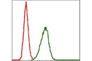 Flow cytometric analysis of Hela cells using LPlunc1 mouse mAb (green) and negative control (red). (BPIFB1 抗体)