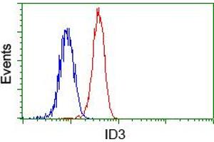 Flow cytometric analysis of Hela cells, using anti-ID3 antibody (ABIN2453162), (Red) compared to a nonspecific negative control antibody (TA50011) (Blue). (ID3 抗体)