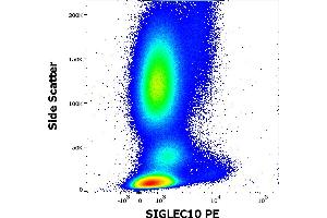 Anti-SIGLEC10 PE antibody (clone 5G6) works in flow cytometry application. (SIGLEC10 抗体  (Extracellular Domain) (PE))