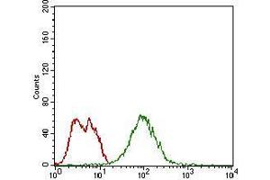 Flow cytometric analysis of MCF-7 cells using mSplunc2 mouse mAb (green) and negative control (red). (BPIFA2 抗体  (AA 16-169))