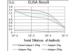 Black line: Control Antigen (100 ng), Purple line: Antigen(10 ng), Blue line: Antigen (50 ng), Red line: Antigen (100 ng), (Cytokeratin 5 抗体  (AA 316-590))