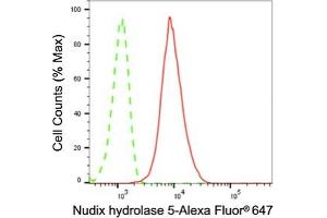 Flow cytometric analysis of Nudix hydrolase 5 expression in HT- cells using Nudix hydrolase 5 antibody (ABIN7799689), 1, 2,000).