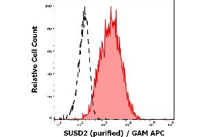 Separation of MCF-7 cells stained using anti-human SUSD2 (W5C5) purified antibody (concentration in sample 5,0 μg/mL, GAM APC, red-filled) from MCF-7 cells unstained by primary antibody (GAM APC, black-dashed) in flow cytometry analysis (surface staining). (SUSD2 抗体)
