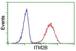 Flow cytometric Analysis of Hela cells, using anti-ITM2B antibody (ABIN2454457), (Red), compared to a nonspecific negative control antibody, (Blue). (ITM2B 抗体)