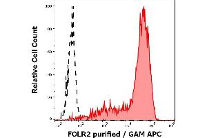 Separation of FORL2 transfekted BW5147 cells stained using anti-FOLR2 (EM-35) purified antibody (concentration in sample 4 μg/mL, GAM APC, red-filled) from FORL2 transfekted BW5147 cells unstained by primary antibody (GAM APC, black-dashed) in flow cytometry analysis (surface staining). (FOLR2 抗体)