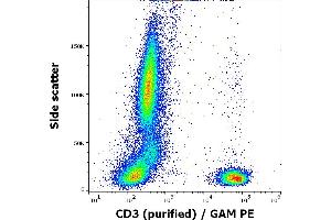 Flow cytometry surface staining pattern of human peripheral blood stained using anti-human CD3 (MEM-92) purified antibody (concentration in sample 5 μg/mL, GAM PE). (CD3 抗体)