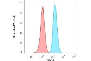 Flow Cytometric Analysis of PFA-fixed HeLa cells using GSTMu2 Mouse Monoclonal Antibody (CPTC-GSTMu2-2) followed by Goat anti-Mouse IgG-CF488 (Blue); Isotype Control (Red). (GSTM4 抗体)