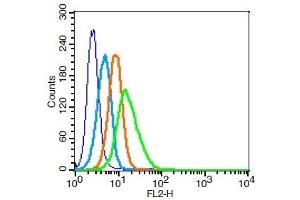 Human U937 cells probed with CD68 Polyclonal Antibody, Unconjugated  at 1:100 for 30 minutes followed by incubation with a PE Conjugated secondary (green) for 30 minutes compared to control cells (blue), secondary only (light blue) and isotype control (orange). (CD68 抗体  (AA 1-130))