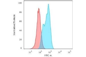 Flow Cytometric Analysis of A549 cells using MSH2 Mouse Monoclonal Antibody (MSH2/2622) followed by Goat anti-Mouse IgG-CF488 (Blue); Isotype Control (Red). (MSH2 抗体  (AA 327-427))