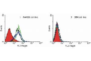 Flow cytometry analysis of TRAIL-R1 expression on the surface of hematopoietic cell lines. (TNFRSF10A 抗体)