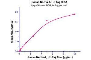 Immobilized Human TIGIT, Fc Tag (Cat# TIT-H5254) at 10 μg/mL (100 µl/well),can bind Human Nectin-2, His Tag (Cat# PV2-H52E2) with a linear range of 0.