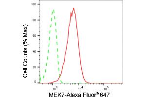 Flow cytometric analysis of MEK7 expression in HepG2 cells using MEK7 antibody (ABIN7799468), 1:2,000). (Recombinant MAP2K7 抗体)