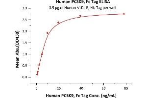 Immobilized Human VLDL R, His Tag (ABIN2181922,ABIN2181921) at 5 μg/mL (100 μL/well) can bind Human PCSK9, Fc Tag (ABIN6386430,ABIN6388267) with a linear range of 1-10 ng/mL (QC tested). (PCSK9 Protein (AA 31-692) (Fc Tag))