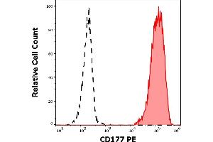 Separation of human CD177 positive neutrophil granulocytes (red-filled) from lymphocytes (black-dashed) in flow cytometry analysis (surface staining) of human peripheral whole blood stained using anti-human CD177 (MEM-166) PE antibody (20 μL reagent / 100 μL of peripheral whole blood). (CD177 抗体  (PE))