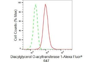 Flow cytometric analysis of Diacylglycerol O-acyltransferase 1 expression in HeLa cells using Diacylglycerol O-acyltransferase 1 antibody (ABIN7798329), 1:2,000).