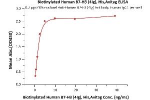 Immobilized Monoclonal A B7-H3 / B7-H3 (4Ig) Antibody, Human IgG1 at 2 μg/mL (100 μL/well) can bind Biotinylated Human B7-H3 (4Ig), His,Avitag (ABIN6731235,ABIN6809941) with a linear range of 0.