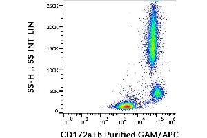 Flow cytometry analysis (surface staining) of human peripheral blood cells with anti-human CD172a/b (SE5A5) purified, GAM-APC. (CD172a/b 抗体)