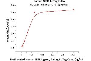 Immobilized Human GITR, Fc Tag (ABIN5954929,ABIN6253604) at 2 μg/mL (100 μL/well) can bind Biotinylated Human GITR Ligand, Avitag,Fc Tag (ABIN5954942,ABIN6253603) with a linear range of 4-63 ng/mL (QC tested).