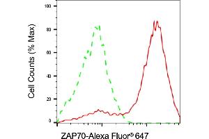 Flow cytometric analysis of ZAP70 expression in Jurkat cells using ZAP70 antibody (ABIN7800889), 1:2,000).