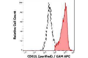 Separation of human CD62L positive lymphocytes (red-filled) from CD62L negative lymphocytes (black-dashed) in flow cytometry analysis (surface staining) of human peripheral whole blood stained using anti-human CD62L (DREG56) purified antibody (concentration in sample 1 μg/mL) GAM APC. (L-Selectin 抗体)