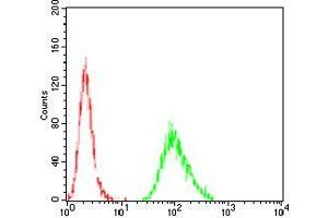Flow cytometric analysis of *** cells using *** mouse mAb (green) and negative control (red). (LDLR 抗体  (AA 22-150))