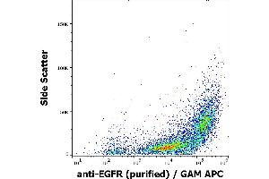 Flow cytometry surface staining pattern of A-431 cells stained using anti-EGFR (EGFR1) purified antibody (concentration in sample 1 μg/mL) GAM APC. (EGFR 抗体)