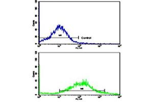 Flow cytometric analysis of NCI-H292 cells using CDH6 polyclonal antibody (bottom histogram) compared to a negative control cell (top histogram). (CDH6 抗体  (C-Term))