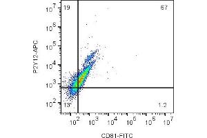 Cell surface multicolor flow cytometry analysis of live intact mouse  microglia cells with CD81 and P2Y12: cells were labeled with Anti-CD81 (extracellular)-FITC Antibody (ABIN7582017), (5 μg) and with Anti-P2Y12 Receptor (extracellular)-APC Antibody (ABIN7582062), (5 μg). (CD81 抗体  (Extracellular) (FITC))