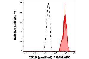 Separation of human CD19 positive lymphocytes (red-filled) from neutrofil granulocytes (black-dashed) in flow cytometry analysis (surface staining) of peripheral whole blood stained using anti-human CD19 (LT19) purified antibody (concentration in sample 0,33 μg/mL, GAM APC). (CD19 抗体)