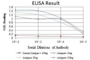 Red: Control Antigen (100 ng), Purple: Antigen (10 ng), Green: Antigen (50 ng), Blue: Antigen (100 ng), (Cytokeratin 19 抗体)