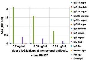 ELISA analysis of Mouse IgG2a (kappa) monoclonal antibody, clone RM107  at the following concentrations: 0. (兔 anti-小鼠 Immunoglobulin Heavy Constant gamma 2A (IGHG2A) Antibody)