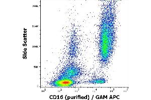 Flow cytometry surface staining pattern of human peripheral whole blood stained using anti-human CD16 (3G8) purified antibody (concentration in sample 2 μg/mL, GAM APC). (CD16 抗体)