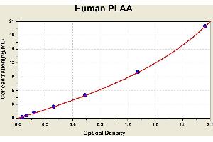 Diagramm of the ELISA kit to detect Human PLAAwith the optical density on the x-axis and the concentration on the y-axis.