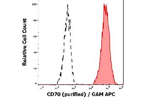 Separation of HUT-78 cells (red-filled) from SP2 cells (black-dashed) in flow cytometry analysis (surface staining) of cell lines stained using anti-human CD70 (Ki-24) purified antibody (concentration in sample 1 μg/mL) GAM APC. (CD70 抗体)