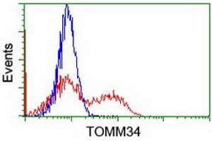 HEK293T cells transfected with either RC201083 overexpress plasmid (Red) or empty vector control plasmid (Blue) were immunostained by anti-TOMM34 antibody (ABIN2454814), and then analyzed by flow cytometry. (TOMM34 抗体)