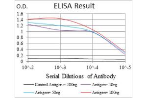 Red: Control Antigen (100ng) ; Purple: Antigen (10ng) ; Green: Antigen (50ng) ; Blue: Antigen (100ng). (COTL1 抗体)