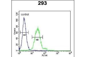 EpC Antibody (N-term) (ABIN651635 and ABIN2840340) flow cytometric analysis of 293 cells (right histogr) compared to a negative control cell (left histogr). (EpCAM 抗体  (N-Term))