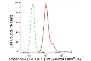 Flow cytometric analysis of Phospho-PBK/TOPK (Thr9) expression in HepG2 cells using Phospho-PBK/TOPK (Thr9) antibody (ABIN7799752), 1:2,000). (Recombinant PBK 抗体  (pThr9))