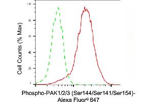 Flow cytometric analysis of Phospho-PAK1/2/3 (Ser144/Ser141/Ser154) expression in PC-3 cells using Phospho-PAK1/2/3 (Ser144/Ser141/Ser154)C antibody (ABIN7799721), 1:2,000).