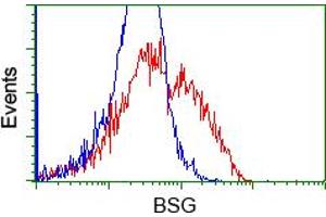 HEK293T cells transfected with either RC219464 overexpress plasmid (Red) or empty vector control plasmid (Blue) were immunostained by anti-BSG antibody (ABIN2452825), and then analyzed by flow cytometry. (CD147 抗体)
