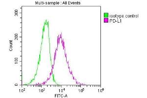Overlay histogram showing A549 cells stained with ABIN7164674 (red line) at 1:150. (PD-L1 抗体  (AA 19-238))