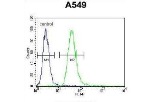 TNFR-S274 Antibody flow cytometric analysis of A549 cells (right histogram) compared to a negative control cell (left histogram). (TNFRSF1A 抗体  (AA 259-288))