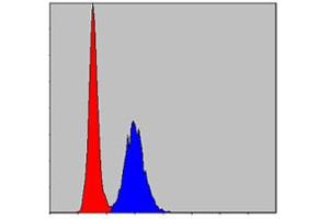 Flow cytometric analysis of HeLa cells using MMP9 monoclonal antibody, clone 5C3  (blue) and negative control (red). (MMP 9 抗体)