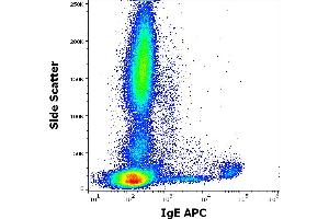 Flow cytometry surface staining pattern of human peripheral whole blood stained using anti-human IgE (4H10) APC antibody (concentration in sample 9 μg/mL). (IgE 抗体  (APC))